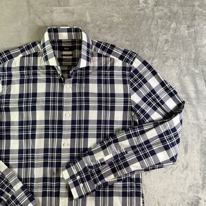 Hugo Boss Slim Fit Plaid Dress Shirt Mens Blue White Italian Made Size 39 15.5